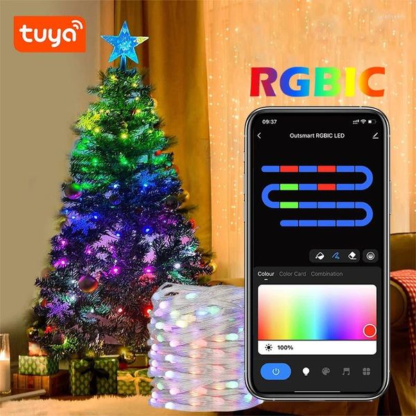 Cordas Smart Tuya WiFi USB LED String Light WS2812B RGBIC Luzes de Natal Navidad Xmas Decor Fairy Outdoor Garland Lamp