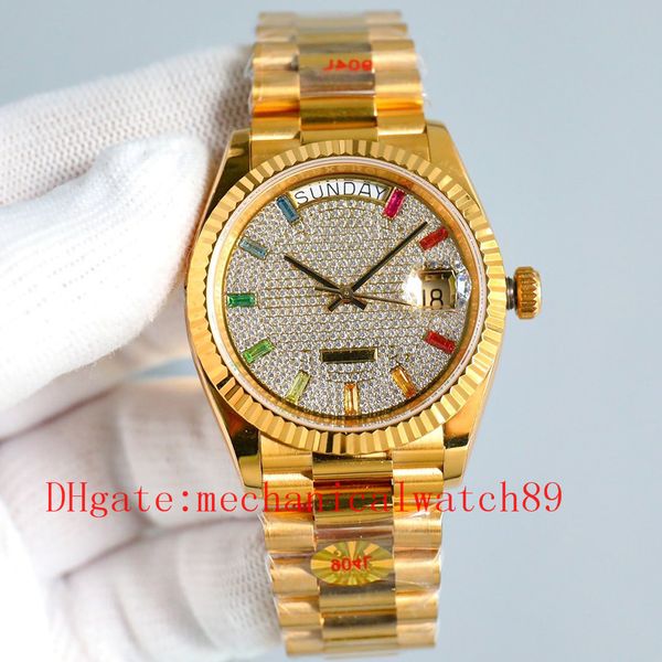 Fábrica de luxo de alta qualidade 128349 18K ouro amarelo 36mm moldura de diamante 3235 relógio masculino automático 10 safiras gradientes de arco-íris com corte quadrado