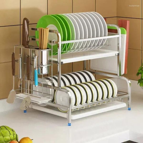 Armazenamento de cozinha 2 camadas 304 aço inoxidável prato secagem rack pratos tigelas drenagem prateleira ferramentas rolamento pesado