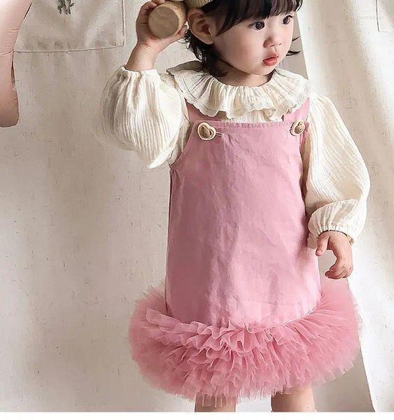 Set di abbigliamento 2014 Primavera Autunno Neonate Dolce Set Mesh Tutu Dress Ruffles Colletto Camicie Bambini Corea Vestito Bambini Compleanno Vestiti