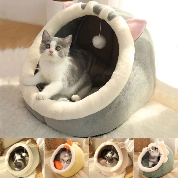 Tapetes adorável cama de gato confortável casa de gato de pelúcia doce quente almofada reclinável muito macio grande cama de cachorro casa de cachorro suprimentos para animais de estimação