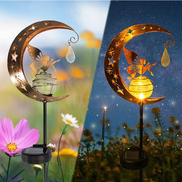 Esculturas de fadas luzes solares lâmpada ao ar livre led luz metal lua anjo estátuas estatueta gramado paisagem para quintal decoração do jardim