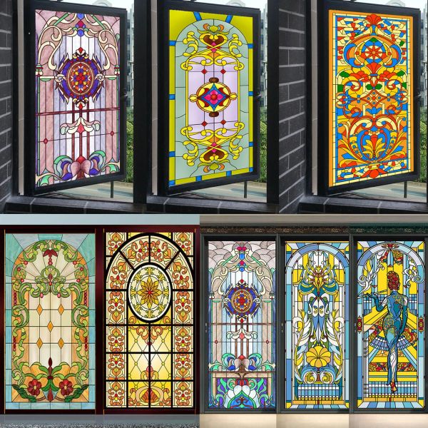 Folien aus bemaltem Glas, mattierte Kunst, Fensterpapier, Schiebetür, Küche, Badezimmer, Fensteraufkleber aus Tiffany-Retro-Kirchenfensterfolie