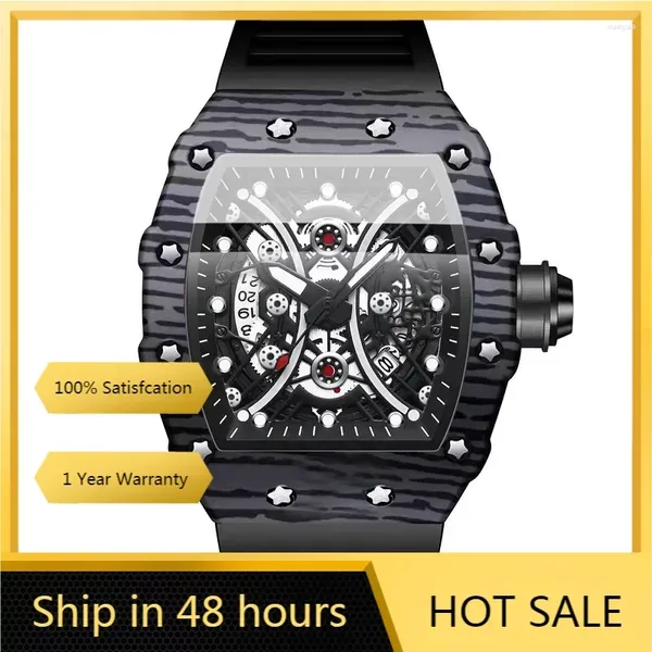 Armbanduhren Herren Sportuhren 2024 Tonneau Schwarz Skelett Quarz Armbanduhr Luxus FFashion Marke Leuchtende wasserdichte Uhr Geschenk für Mann