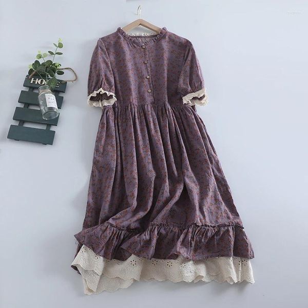 Lässige Kleider Japan Stil Mori Mädchen Blumendruck Spitze Baumwolle Oansatz Kurzarm Lose Kleid Frauen