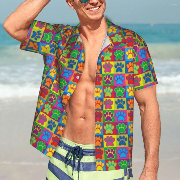 Camisas casuais masculinas colorido camisa de cachorro arte patas elegante havaí homens mangas curtas férias respirável gráfico blusas grandes