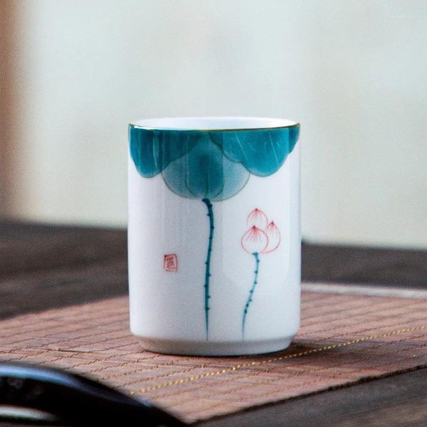 Xícaras de chá de porcelana branca pura mão desenho flor cerâmica criativa mestre kung fu copo reto tubo único de alta capacidade 160ml