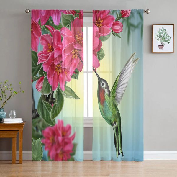 Tende Fiore Colibrì Tende stampate Drappeggio Tulle trasparente Decorazione della casa Soggiorno Camera da letto Cortinas Tende per finestre in chiffon