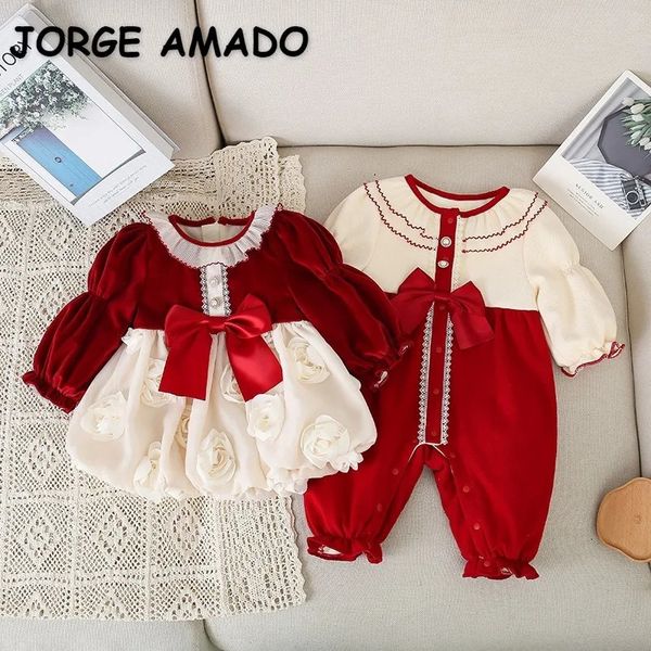 Inverno família combinando roupas bebê menina mangas compridas puff veludo macacão retalhos gola redonda vestido de princesa e30558 240311