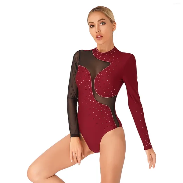 Stage Wear Donna Brillante Strass Aderente Body Tuta Ginnastica Balletto Danza Body Acrobazie Pattinaggio di Figura Costume