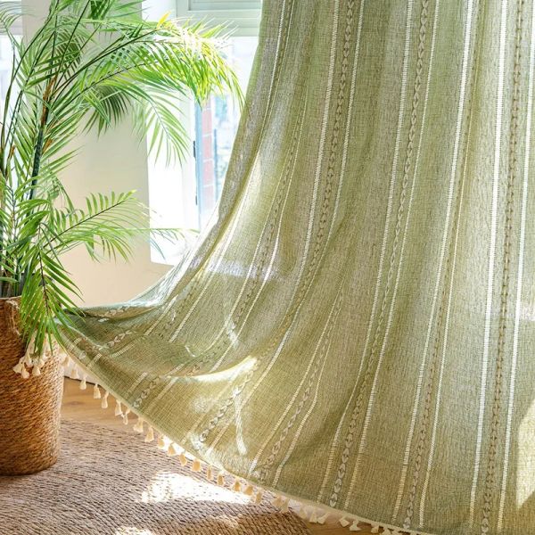 Cortinas verde sálvia boho fazenda para quarto sala de estar país primavera linda cortina de janela texturizada 1 painéis cortinas de borla