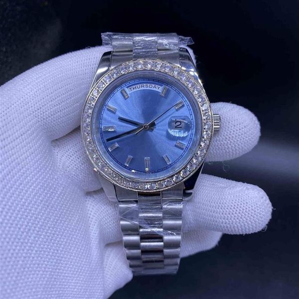 Luxus-Herren-Diamantuhren, automatische mechanische Uhr, Edelstahl, blaues Zifferblatt, kleine Armbanduhren mit Diamant-Lünette, 40MM286L256u