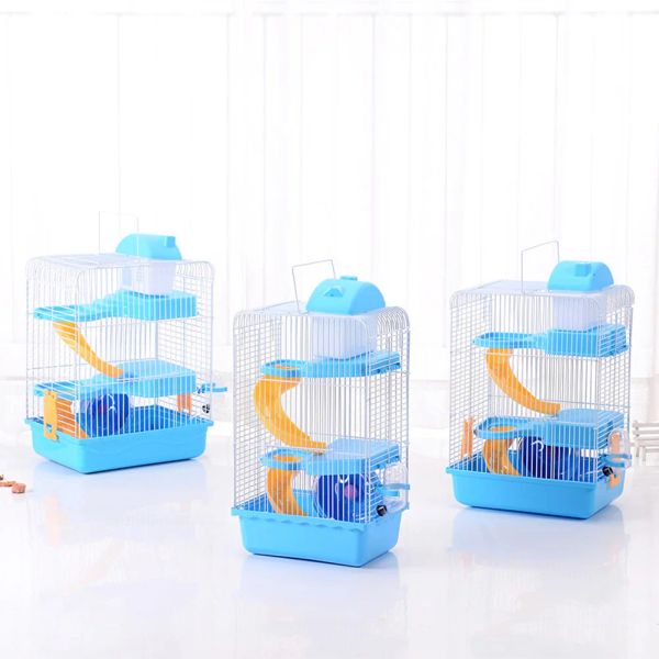 Gaiolas de três camadas gaiola de hamster inclui garrafa de água exercício roda prato hamster esconder pequena casa para animais de estimação chinchila hamster