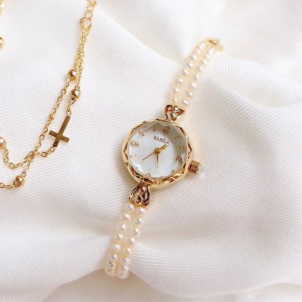 Natural pérola cobre 24 k ouro quartzo feminino relógio pulseira escudo dial japonês à prova dwaterproof água senhora relógio pequeno 240313