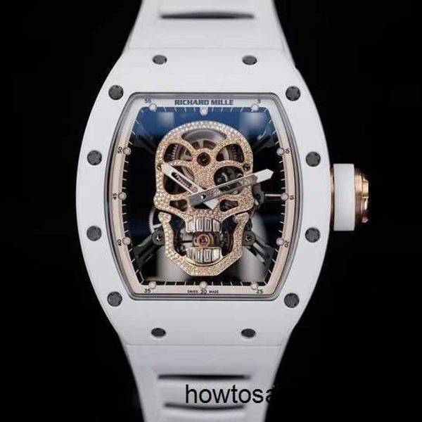 Автоматические часы Mechincal Watch RM Watch Rm52-01 Череп Голова Белая керамика Ручные механические мужские часы с полным полым механизмом