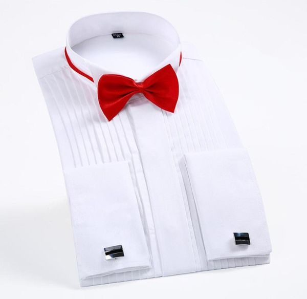 Men039s vestido camisas smoking com punhos franceses e gravata borboleta 14quot plissados ​​manga longa branco casamento cocktail baile de formatura Evenin3093659