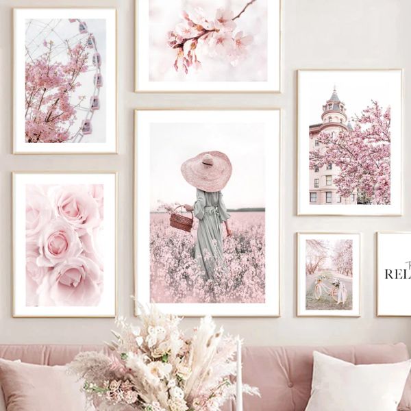 Calligrafia rosa Sakura rosa tulipano fiore paesaggio arte della parete tela pittura nordica poster e stampe immagini a parete per la decorazione del soggiorno