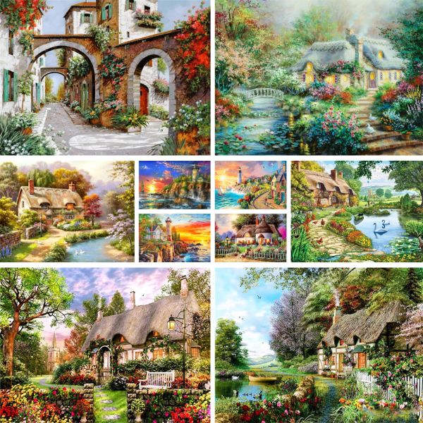 Número paisagem dos desenhos animados casa colorir por números kit de pintura tintas acrílicas 40*50 placas por números feitos à mão para crianças arte da parede