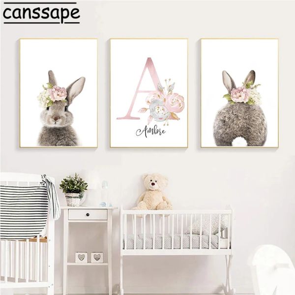 Lápides de coelho impressão nome personalizado arte cartazes coelho cauda berçário arte da parede pintura em tela nordic parede fotos para decoração do quarto do bebê