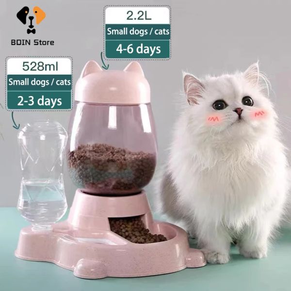 Forniture 2 In 1 Alimentatore automatico per cani e gatti 528ML Bottiglia d'acqua per gatti Dispenser per mangiatoia per alimenti da 2,2 litri Ciotole per gattini Contenitore per alimenti per cuccioli