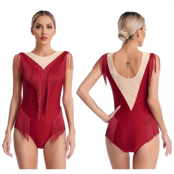 Bühnenkleidung Damen-Ballett-Gymnastik-Trikot-Tanzkostüm, durchsichtiges Mesh-Quasten-ärmelloser Body, glitzernder Ganzanzug mit Strass und Fransen, Tanzkleidung