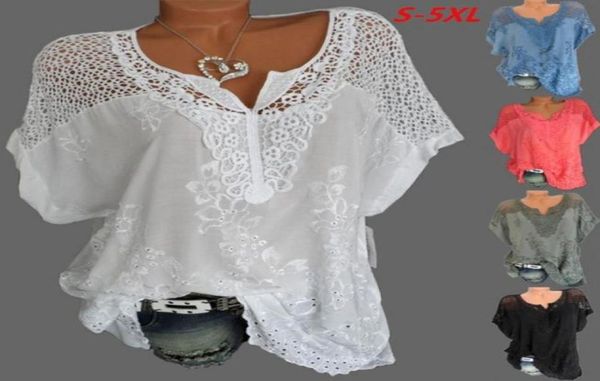 Tamanho grande rendas blusas femininas verão algodão blusas femininas topos vneck manga morcego bordado camisa feminina de alta qualidade 5xl9234889