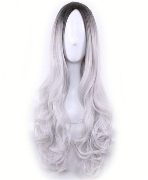 Uzun ucuz cosal peruk harajuku lolita peruk siyah ombre gri vücut dalgası sentetik saç karışımı kadınlar için renk perukları sentetik wig8544610