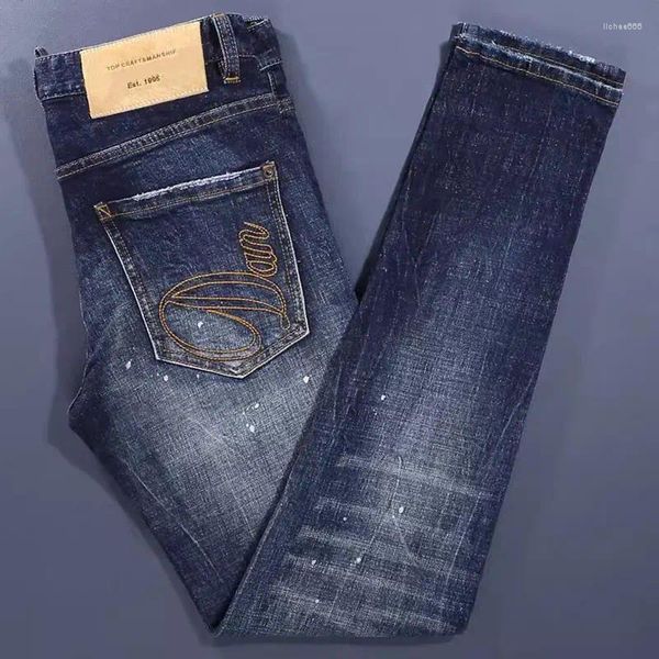 Jeans da uomo High Street Fashion Uomo Retro Blu Stretch Slim Fit Strappato Ricamo Designer Brand Pantaloni in denim vintage Hombre