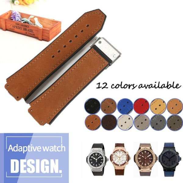 Pulseira de couro genuíno, pulseira de silicone de borracha para relógio hub, pulseira masculina, preto, azul, marrom, à prova d'água, 25x19mm, implantação, fivela 2243