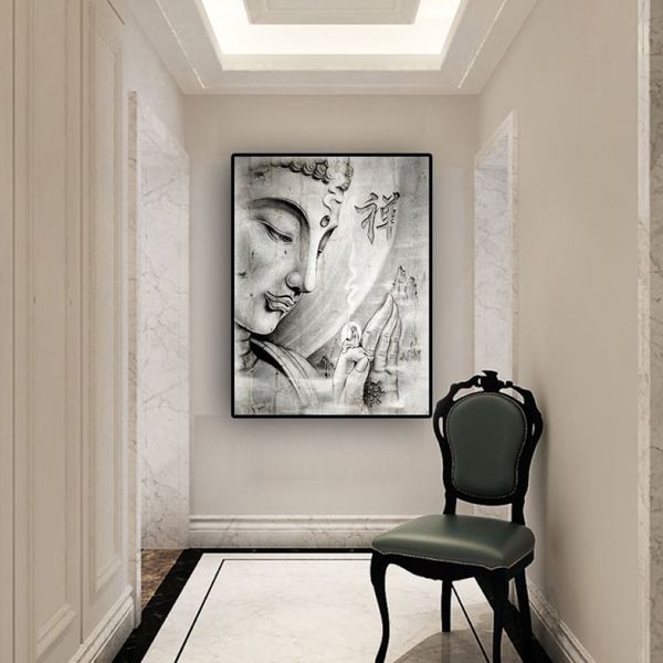 Абстрактная черно-белая дзен-религия Будды, картина маслом на холсте, постеры и принты, настенные художественные картинки Куадрос для гостиной254W