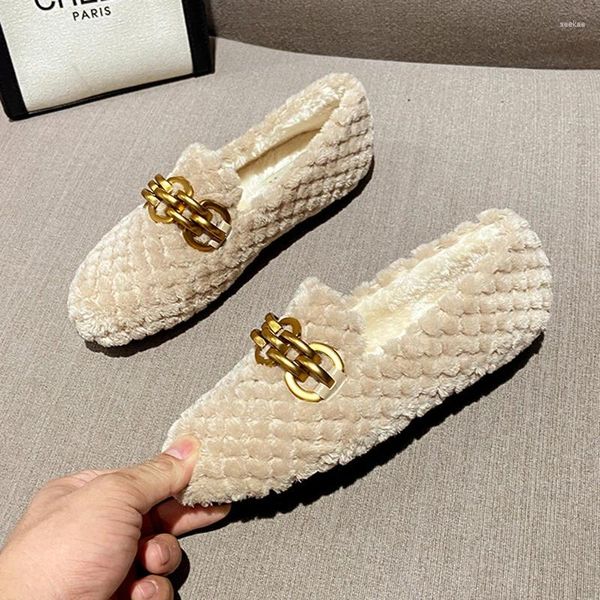 Casual Schuhe Marke Gold Ketten Pelz Wohnungen Frauen Verdicken Plüsch Gepolsterte Baumwolle Plaid Pelzigen Faulenzer Weibliche Warme Mokassins Große Größe 43