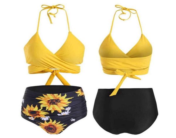 Costume da bagno sexy da donna nuovo bikini stampato girasole estate cintura da donna con cravatta sul petto taglia MXL3666645