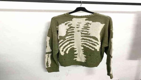 Kapital Зеленый Свободный свитер с принтом скелета и костей для мужчин и женщин, хорошее качество, винтажный вязаный свитер с дырками, 11 2112317453285