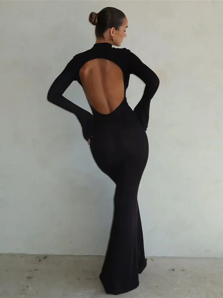 Laxsesu сексуальное платье макси с открытой спиной, женское облегающее черное осеннее платье с длинными рукавами, элегантные вечерние вечерние платья для женщин 240228