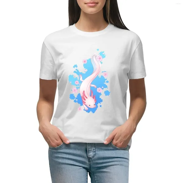 Polos femininos Axolotl nadando com flores de cerejeira camiseta roupas fofas camisetas verão tops vestido ocidental para mulheres