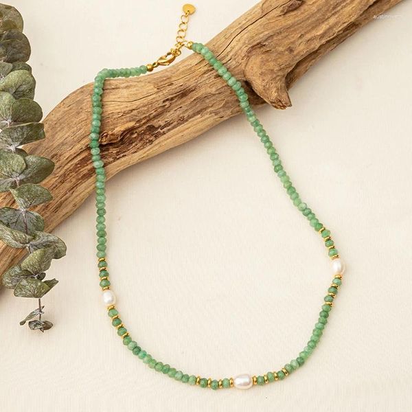 Ciondoli Collana girocollo in cristallo verde naturale per donna Accessorio per gioielli estivi con perle di perle Collares Para Mujer