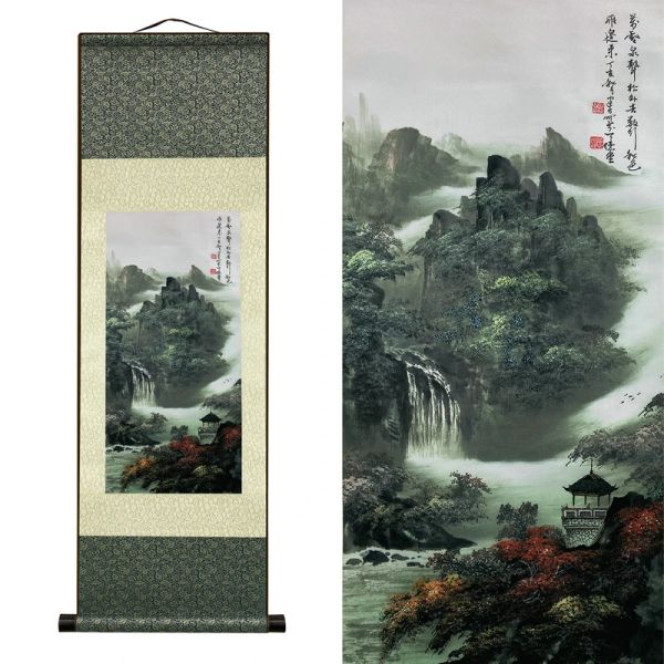 Caligrafia estilo chinês tinta de rolagem de seda pintura carretel de seda rolando arte de suspensão de parede para decoração de imagem de parede (39 pol x 12 pol)