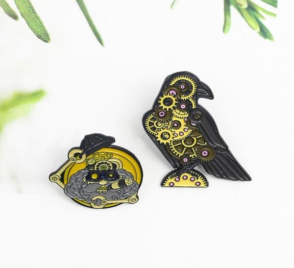 Punk Maschine Vogel Roboter Emaille Pins Getriebe Plattenspieler Krähe Vogel Adler Maschinist Broschen Revers Tasche Schmuck Geschenk für Kinder Whole3528236