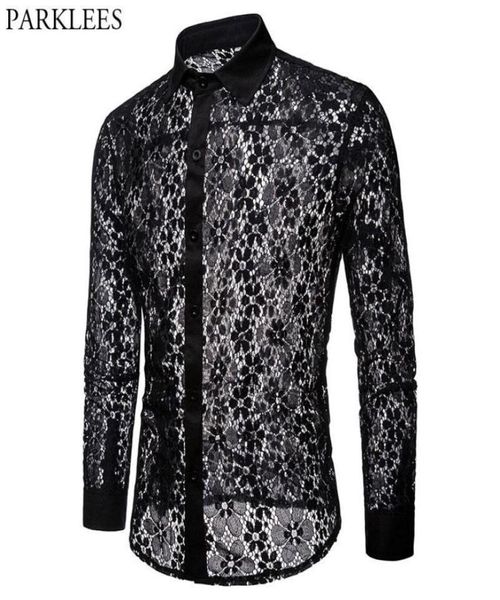 Luxus Floral Stickerei Spitze Hemd Männer Marke Neue Transparent Sexy Kleid Shirts Herren Durchsichtig Club Party Schwarz Hemd Männlich6874251