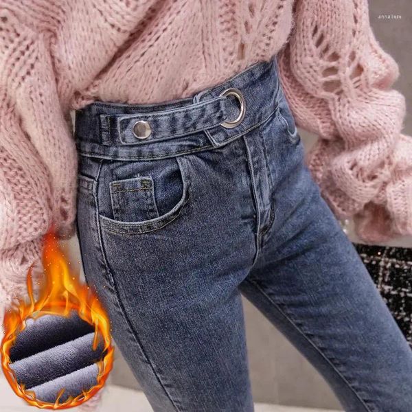 Calças de brim femininas outono inverno cintura alta chique anel botão lápis calças jeans moda coreana magro estiramento mais veludo quente vaqueros mulheres