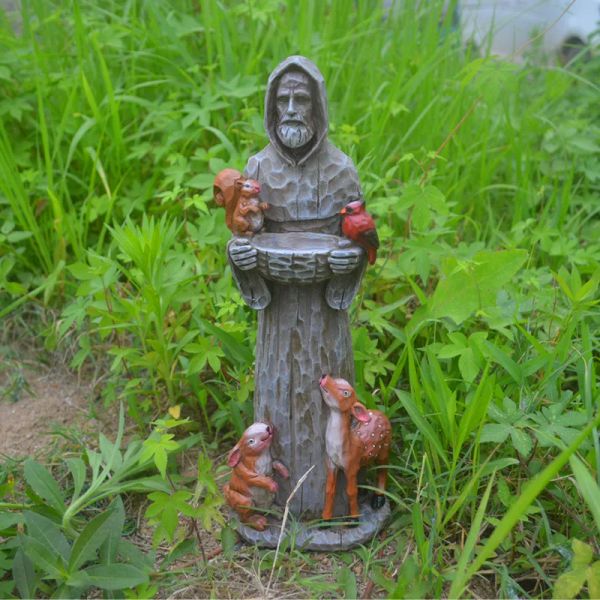 Esculturas alimentador de pássaros francis jardim st estátua banho ao ar livre escultura estátuas liberação tigela estatueta alimentação religiosa decoração do gramado