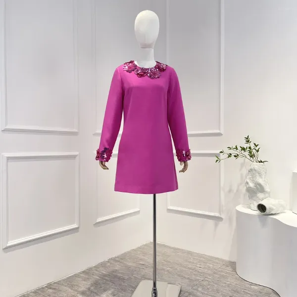Casual Kleider Neueste Herbst Winter Luxus Dame Mini Kleid 2024 Top Qualität Fuchsia Blume Applikationen Elegante Kleidung