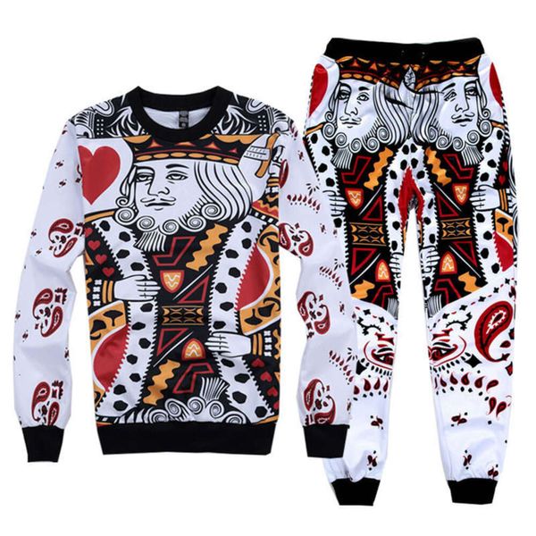 Erkek moda giyim seti hoodies+pantolon 2 parçalı eşofman komik poker kartları kral baskı takım elbise spor giyim hiphop sweatshirt s-6xl