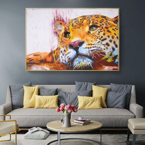 Pintura em tela de leopardo, pintura abstrata colorida de animais, posteres e impressões, arte de parede para sala de estar, decoração de casa 195f