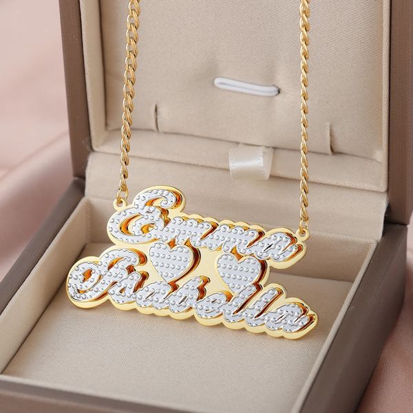 Colar de placa dupla personalizado dois tons dois corações personalização personalizada banhado a ouro duplo nome colar pingente jóias 240313
