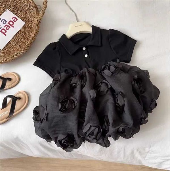 Vestidos da menina do bebê verão novo vestido elegante estilo britânico preto cor sólida flor fofo vestido bonito vestido de princesa ldd240313
