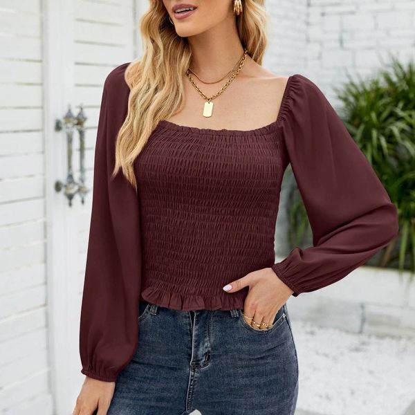 Frauen Blusen Weibliche Lange Hülse Hemd Tops Herbst Square Neck Solid Top Puff Open Back Schlank Bluse Pullover