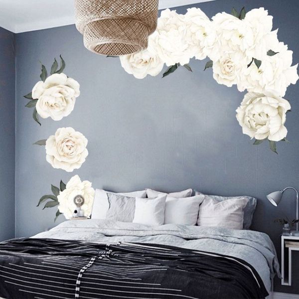 Peônia branca lindas flores adesivos de parede para sala de estar decalque de parede do berçário do bebê murais decoração pôster murais291q