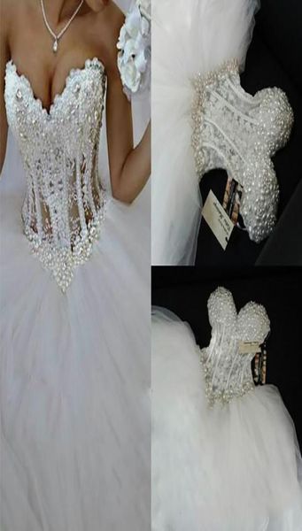 Luxuoso Bling Querida Vestidos de Casamento Corset Corpete Sheer Bola De Noiva Pérolas De Cristal Contas Strass Tule Casamento De Noiva G2996007
