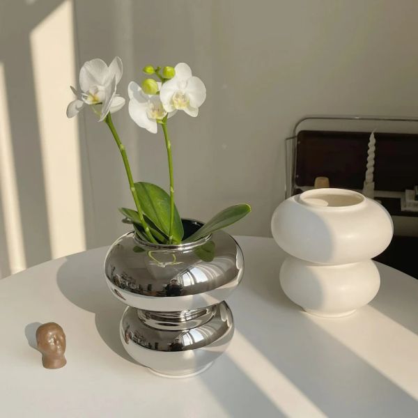 Vasi Vaso nordico placcato argento Vaso creativo in ceramica idroponica con ciambella per la casa, portico decorativo, fiore decorativo, soggiorno